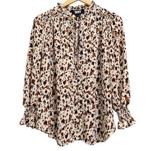 DKNY Printed Button Front Tie Neck Ruffle Blouse NWT Medium